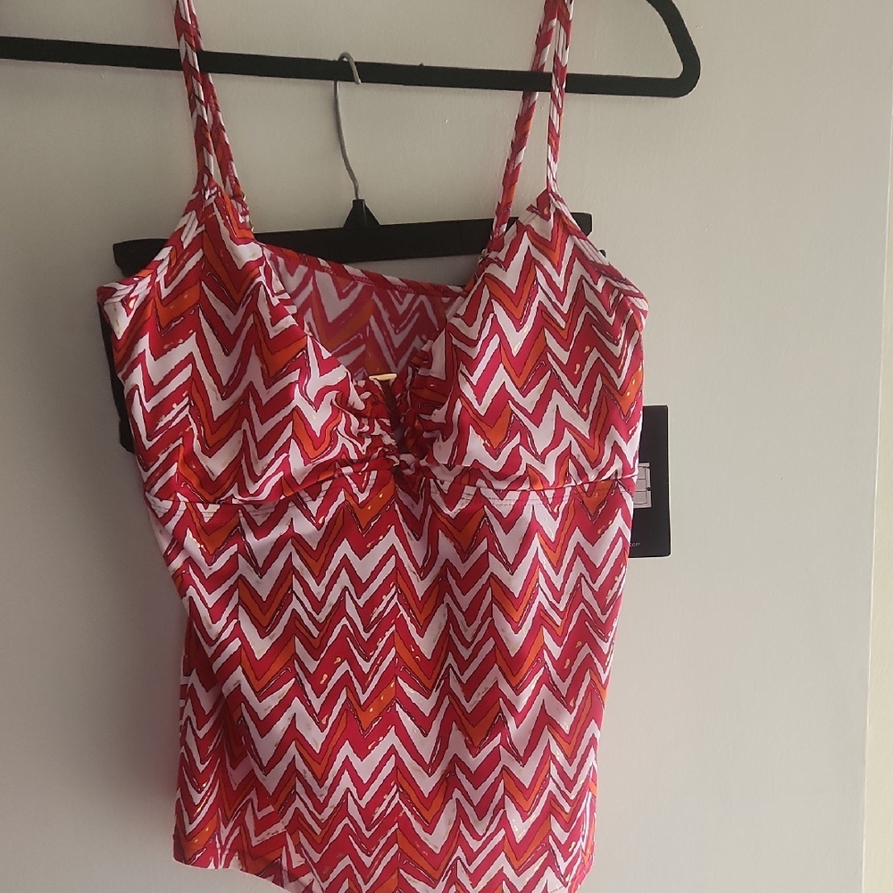 Chevron Patterned Pink, White and orange Tankini  Swimsuit.